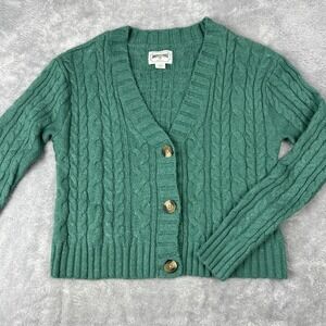 New American Eagle Cable Knit Cardigan Sweater Small Green Speckled 3 Button